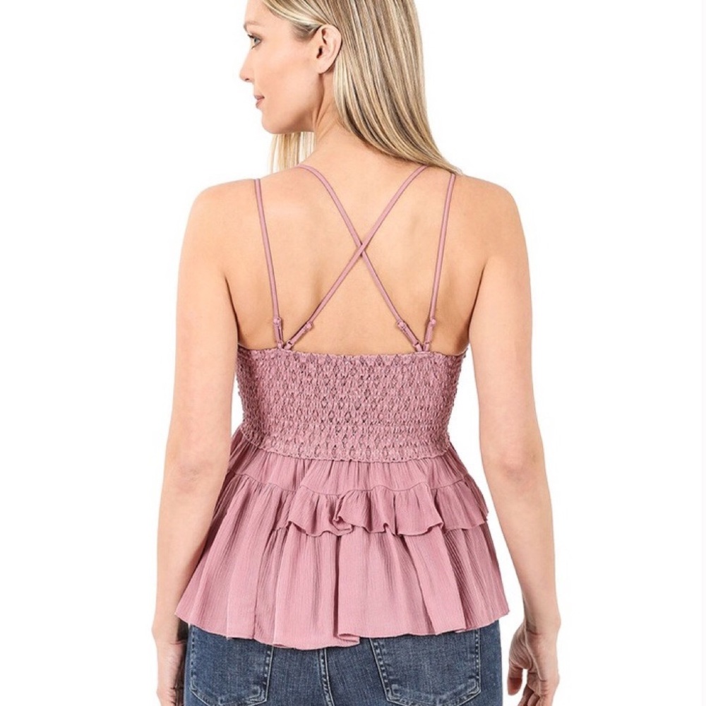 MED Pink Peplum Top Lace Tiered Ruffle Cami Bra - Picture 3 of 7